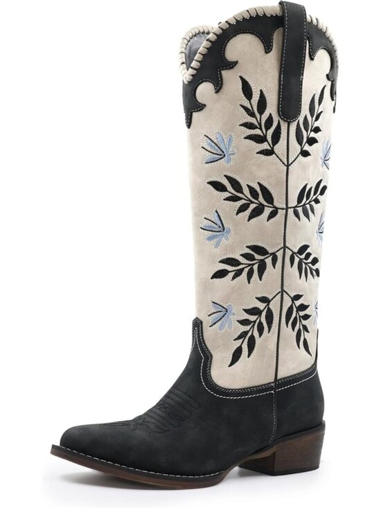 Shoes - Women's Black Cowboy Boots Leaf Embroidered Pull on Knee High Round Toe Boots